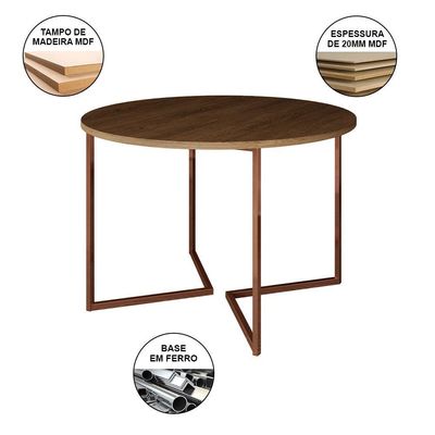 Mesa Jantar Industrial Redonda 110Cm Amêndoa Base V Cobre C/4 Cadeiras Branca Base Madeira Amendoa