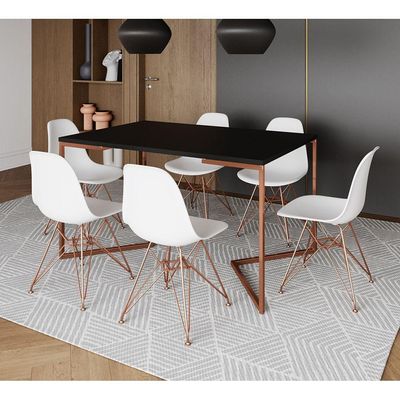 Mesa Jantar Industrial Retangular 137X90Cm Preta Base V Com 6 Cadeiras Brancas Base Cob Cor: Preto