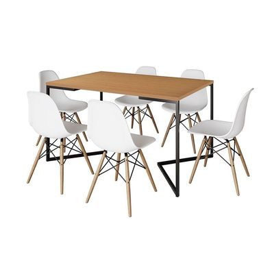 Mesa Jantar Industrial Retangular Canela 137X90Cm Base V Ferro Preto C/6 Cadeiras Branca Mad Canela