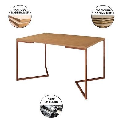 Mesa Jantar Industrial Retangular Canela 137X90Cm Base V Cobre Com 6 Cadeiras Pretas Ma Cor: Canela