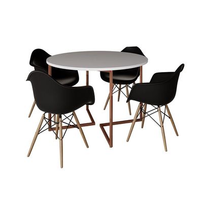 Mesa Jantar Industrial Branca 110Cm Redonda Base V Cobre Com 4 Poltronas Pretas Madeira Cor: Branco