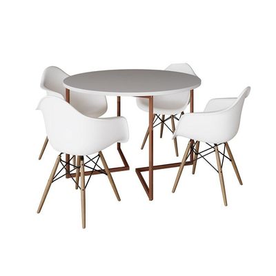 Mesa Jantar Industrial Branca 110Cm Redonda Base V Cobre C/4 Poltronas Brancas Madeira Cor: Branco