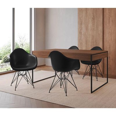 Mesa Jantar Industrial Amêndoa 137X90Cm Com 4 Poltronas Pretas Base Ferro Pr Cor: Amendoa