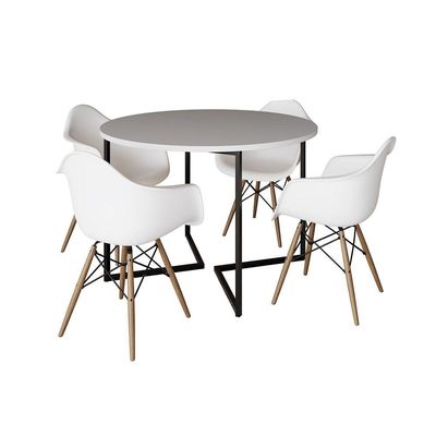 Mesa Jantar Industrial Branca 110Cm Redonda Base V Ferro Preto C/4 Poltronas Brancas Madeir Branco