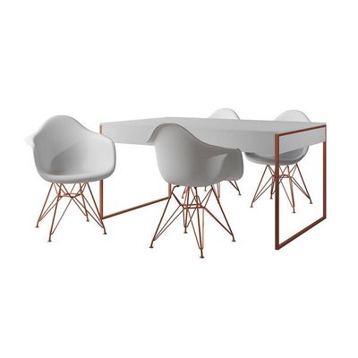 Mesa Jantar Industrial Branca 137X90Cm Com 4 Poltronas Brancas Base Cobre Cor: Branco