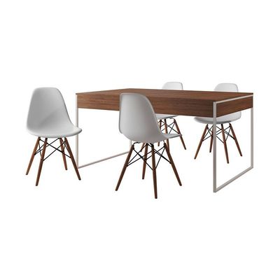 Mesa Jantar Industrial Retangular Amêndoa 137X90Cm Base Ferro Branco C/4 Cadeiras Branc Amendoa