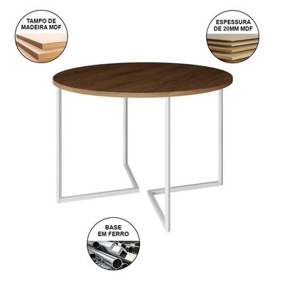 Mesa Jantar Industrial Amêndoa 110Cm Redonda Base V Ferro Branco C/4 Poltronas Pretas Madei Amendoa