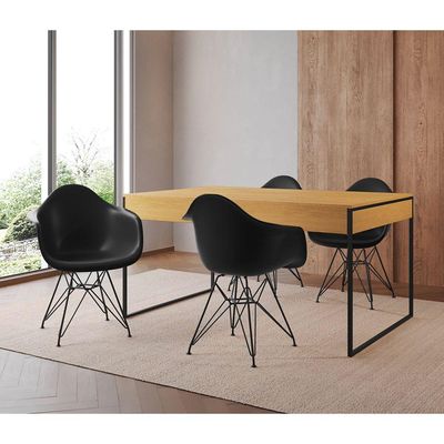 Mesa Jantar Industrial Canela 137X90Cm Com 4 Poltronas Pretas Base Ferro Pre Cor: Canela
