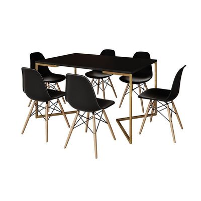 Mesa Jantar Industrial Retangular 137X90Cm Preta Base V Dourada Com 6 Cadeiras Madeira Cor: Preto