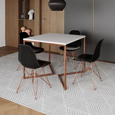Mesa Jantar Industrial Quadrada 90Cm Branca Base Cobre V Com 4 Cadeiras Pretas Pés Cobr Cor: Branco