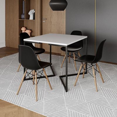 Mesa Jantar Industrial Branca Quadrada 90X90 Base V Ferro Preto Com 4 Cadeiras Pretas M Cor: Branco