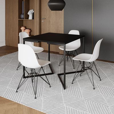 Mesa Jantar Industrial Quadrada 90Cm Preta Base V Com 4 Cadeiras Brancas Ferro Preto Cor: Preto