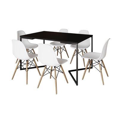 Mesa Jantar Industrial Retangular Preta 137X90Cm Base V Ferro Preto C/6 Cadeiras Branca Made Preto