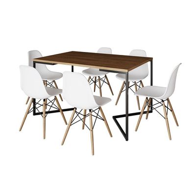 Mesa Jantar Industrial Retangular Amêndoa 137X90Cm Base V Ferro Preto C/6 Cadeiras Branca Ma Amendoa