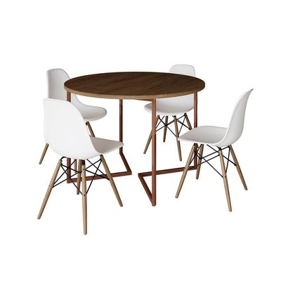 Mesa Jantar Industrial Redonda 110Cm Amêndoa Base V Cobre C/4 Cadeiras Branca Base Madeira Amendoa