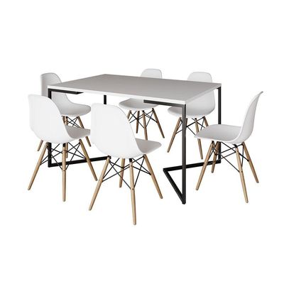 Mesa Jantar Industrial Retangular Branca 137X90Cm Base V Ferro Preto C/6 Cadeiras Branca Mad Branco