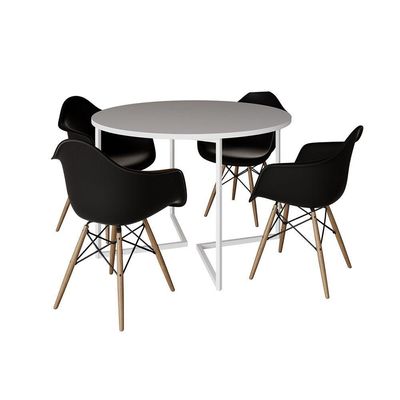 Mesa Jantar Industrial Branca 110Cm Redonda Base V Ferro Branco C/4 Poltronas Pretas Madeir Branco