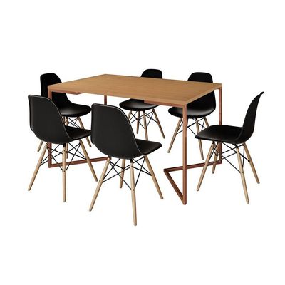 Mesa Jantar Industrial Retangular Canela 137X90Cm Base V Cobre Com 6 Cadeiras Pretas Ma Cor: Canela