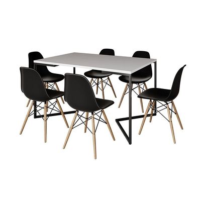 Mesa Jantar Industrial Retangular Branca 137X90Cm Base V Ferro Preto C/6 Cadeiras Preta Made Branco