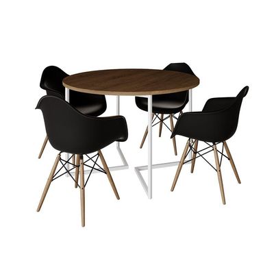 Mesa Jantar Industrial Amêndoa 110Cm Redonda Base V Ferro Branco C/4 Poltronas Pretas Madei Amendoa