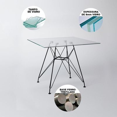Mesa De Jantar Quadrada Vidro 90Cm Com 4 Cadeiras Brancas Base Ferro Preto Cor: Preto