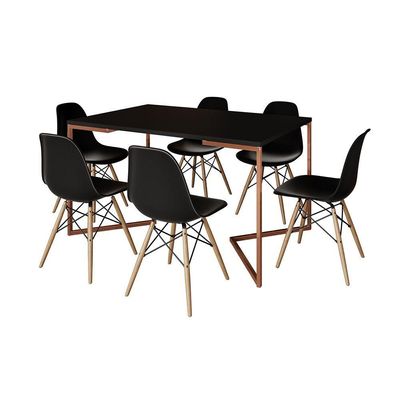 Mesa Jantar Industrial Retangular Preta 137X90Cm Base V Cobre Com 6 Cadeiras Pretas Mad Cor: Preto