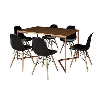 Mesa Jantar Industrial Retangular Amêndoa 137X90Cm Base V Cobre C/6 Cadeiras Pretas M Cor: Amendoa