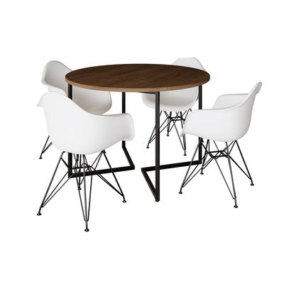 Mesa Industrial Jantar Redonda 110Cm Amêndoa Base V Com 4 Poltronas Brancas Ferro Preto Amendoa