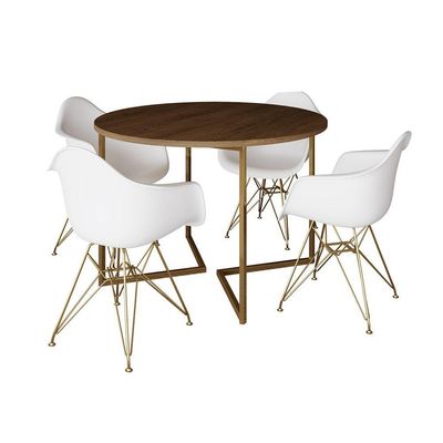 Mesa Jantar Industrial Amêndoa 110Cm Redonda Base V C/4 Poltronas Daw Brancas Base Do Cor: Amendoa
