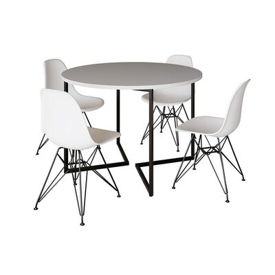 Mesa Industrial Jantar Redonda Branca 110Cm Base V Com 4 Cadeiras Eames Brancas Ferro Preto Branco
