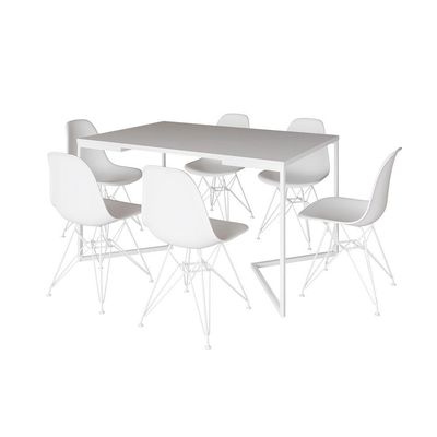 Mesa Industrial Jantar Retangular 137X90Cm Branca Base V Com 6 Cadeiras Brancas Ferro B Branco