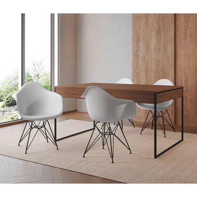 Mesa Jantar Industrial Amêndoa 137X90Cm Com 4 Poltronas Brancas Base Ferro P Cor: Amendoa