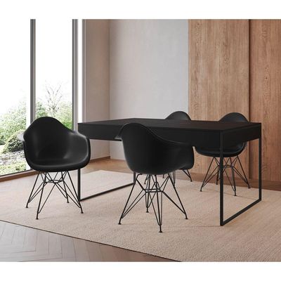 Mesa Jantar Industrial Preta 137X90Cm Com 4 Poltronas Pretas Base Ferro Pret Cor: Preto