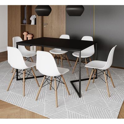 Mesa Jantar Industrial Retangular Preta 137X90Cm Base V Ferro Preto C/6 Cadeiras Branca Made Preto