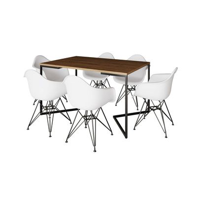 Mesa Industrial Jantar Retangular Amêndoa 137X90Cm Base V Com 6 Poltronas Brancas Ferro Amendoa
