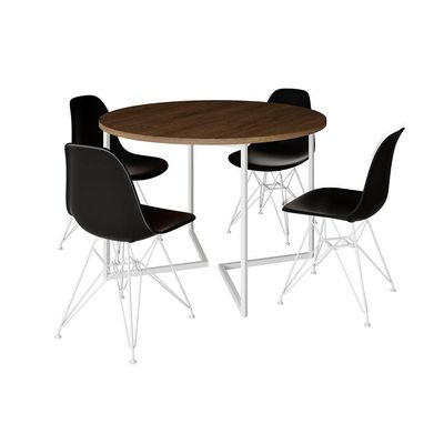 Mesa Industrial Jantar Redonda Amêndoa 110Cm Base V Com 4 Cadeiras Eames Pretas Ferro Branco Amendoa