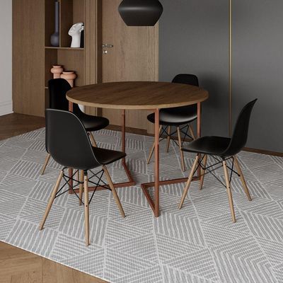 Mesa Jantar Industrial Redonda 110Cm Amêndoa Base V Cobre C/4 Cadeiras Preta Base Madeira Amendoa