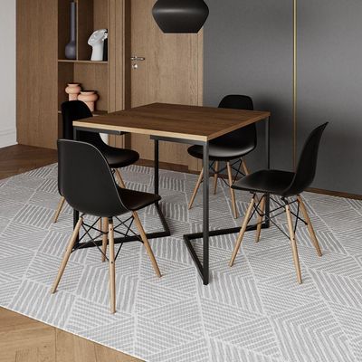 Mesa Jantar Industrial Amêndoa Quadrada 90X90 Base V Ferro Preto C/4 Cadeiras Pretas Cor: Amendoa