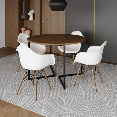 Mesa Jantar Industrial Amêndoa 110Cm Redonda Base V Ferro Preto C/4 Poltronas Brancas Madei Amendoa