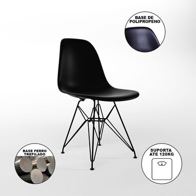 Mesa Industrial Jantar Redonda Preta 110Cm Base V Com 4 Cadeiras Eames Pretas Ferro Preto Preto