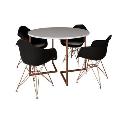 Mesa Industrial Jantar Branca 110Cm Redonda Base V Com 4 Poltronas Pretas Base Cobre Branco