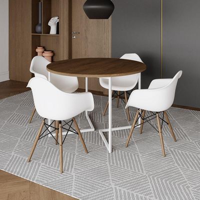 Mesa Jantar Industrial Amêndoa 110Cm Redonda Base V Ferro Branco C/4 Poltronas Brancas Made Amendoa