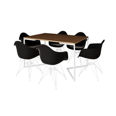 Mesa Industrial Jantar Amêndoa 137X90Cm Base V Com 6 Poltronas Pretas Ferro Branco Amendoa