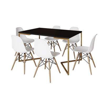 Mesa Jantar Industrial Retangular 137X90Cm Preta Base V Dourada Com 6 Cadeiras Madeira Cor: Preto