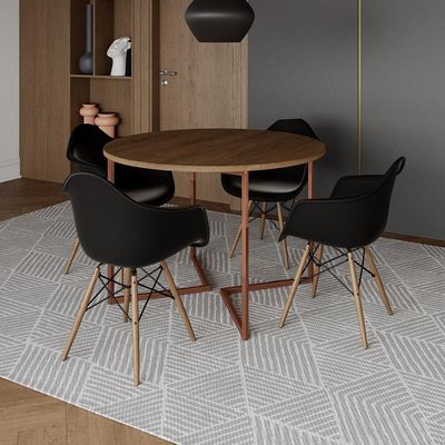 Mesa Jantar Industrial Amêndoa 110Cm Redonda Base V Cobre C/4 Poltronas Pretas Madeira Cor: Amendoa