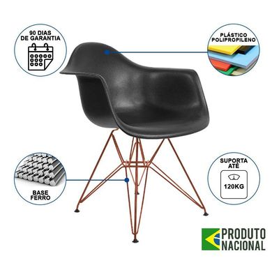Mesa Industrial Jantar Branca 110Cm Redonda Base V Com 4 Poltronas Pretas Base Cobre Branco