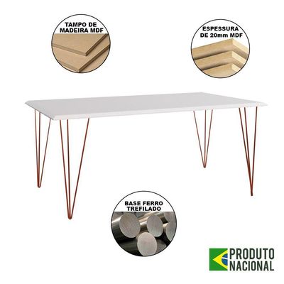 Mesa Sala De Jantar Industrial Branca 135X75 6 Cadeiras Bracas De Ferro Cobre Cor: Branco