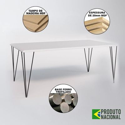 Mesa Sala De Jantar Industrial Branca 135X75 Com 6 Cadeiras Pretas De Ferro Preto Cor: Branco
