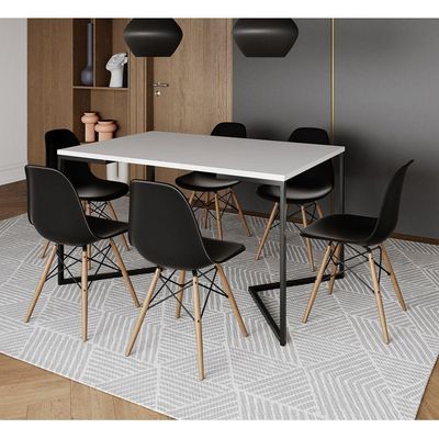 Mesa Jantar Industrial Retangular Branca 137X90Cm Base V Ferro Preto C/6 Cadeiras Preta Made Branco