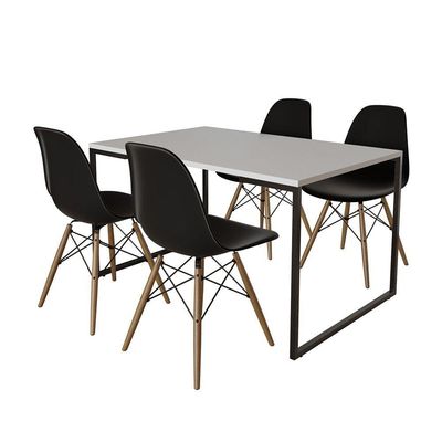 Mesa Industrial Base De Ferro Preto Tampo 137X90 Branco 4 Cadeiras Madeira Assento Preto Branco